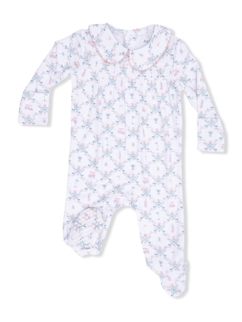 Pink Golf Trellis Smocked Peter Pan Snap Footie by Angel Dear